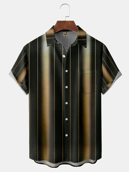 

Stripe Chest Pocket Short Sleeve Bowling Shirt, Black, Men Shirts