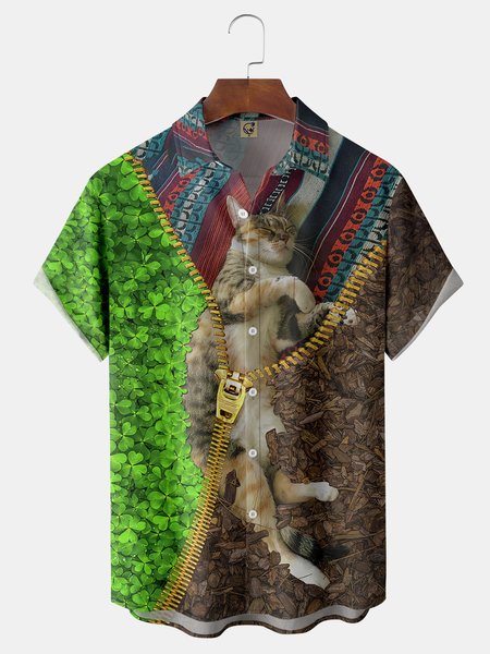 

Cat Zipper Chest Pocket Short Sleeve Casual Shirt, Brown, Men Shirts