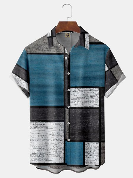 

Geometric Chest Pocket Short Sleeve Shirt, Blue, Men Shirts