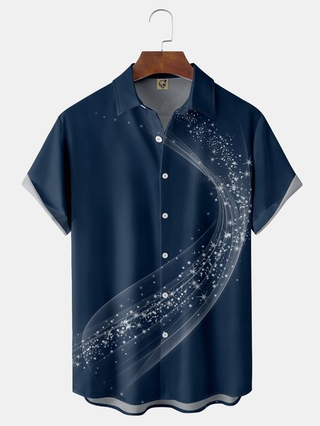 

3D Lines Chest Pocket Short Sleeve Casual Shirt, Purplish blue, Men Shirts