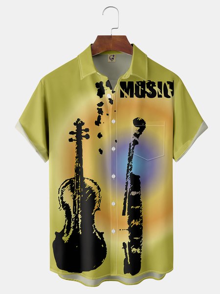

Violin Chest Pocket Short Sleeve Casual Shirt, Yellow, Men Shirts