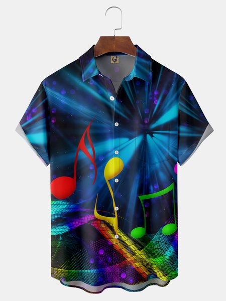 

3D Music Note Chest Pocket Short Sleeve Shirt, Blue, Men Shirts