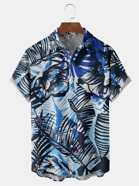 

Tropical Palm Tree Chest Pocket Short Sleeve Hawaiian Shirt, Blue, Men Shirts