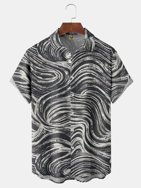 

Art Curve Lines Chest Pocket Short Sleeve Casual Shirt, Black, Men Shirts