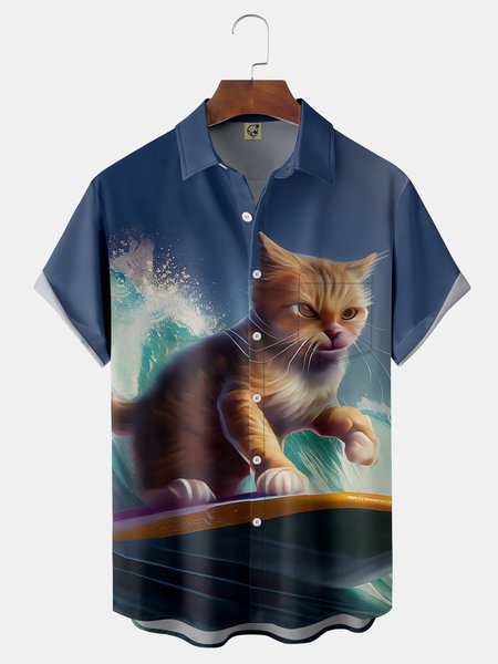 

Cat Surfing Chest Pocket Short Sleeve Casual Shirt, Blue, Men Shirts