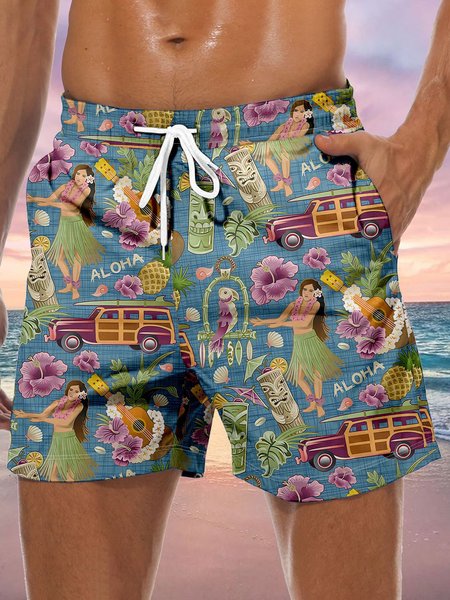 

Hula Girl Drawstring Beach Shorts, Blue, Men's shorts