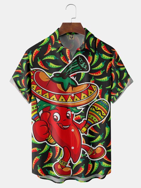 

Cinco de Mayo Chili Pepper Chest Pocket Short Sleeve Shirt, Red, Men Shirts