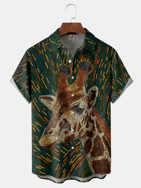 

Giraffe Glass Grain Chest Pocket Short Sleeve Casual Shirt, Green, Men Shirts
