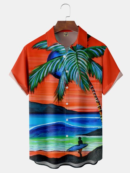 

Coconut Tree Chest Pocket Short Sleeve Hawaiian Shirt, Orange red, Men Shirts