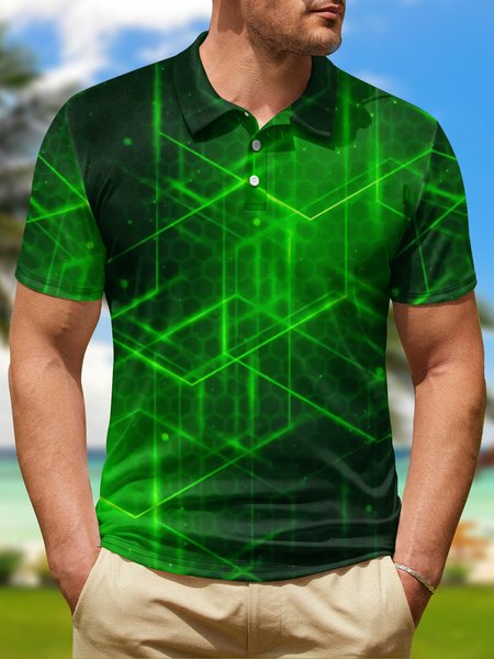 

3D Gradient Abstract Geometric Button Short Sleeve Polo Shirt, Green, Polo Shirts