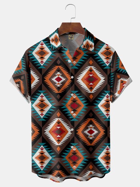 

Native Ethnic Aztec Art Chest Pocket Short Sleeve Western Shirt, Brown, Men Shirts
