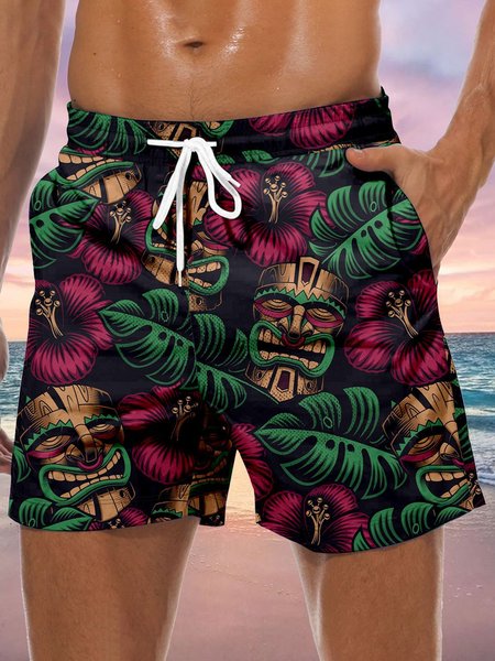 

Tiki Drawstring Beach Shorts, Black, Men's shorts