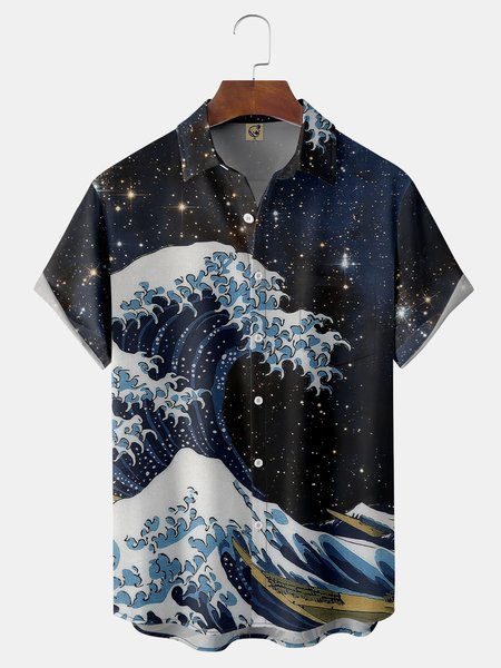 

Japanese Ukiyoe Waves Chest Pocket Short Sleeve Hawaiian Shirt, Blue, Men Shirts
