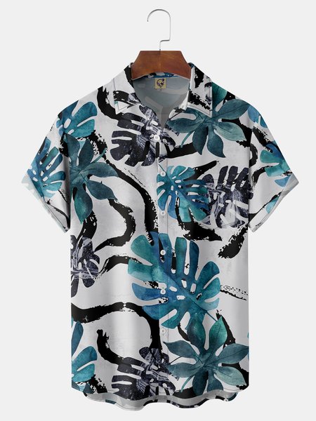

Monstera Chest Pocket Short Sleeve Hawaiian Shirt, Blue, Men Shirts