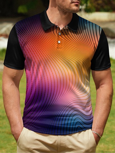 

Ombre Abstract Stripe Button Short Sleeve Polo Shirt, Orange red, Polo Shirts