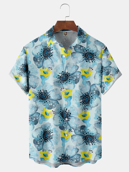 

Watercolor Floral Breast Pocket Short Sleeve Hawaiian Shirt, Blue, Men Shirts