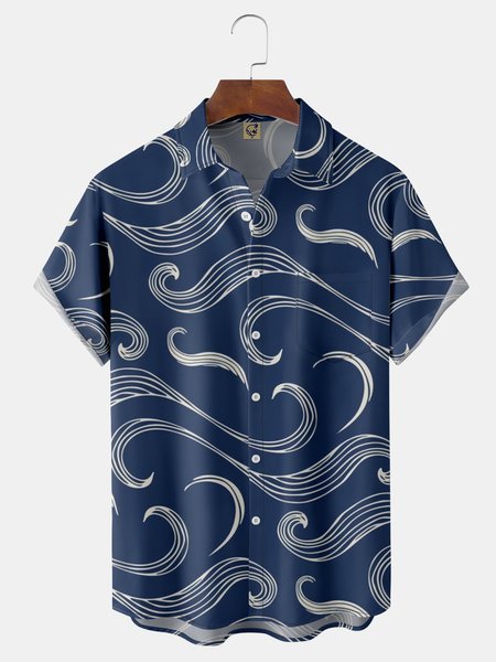 

Japanese Wave Pattern Chest Pocket Short Sleeve Casual Shirt, Blue, Men Shirts