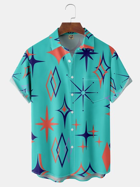 

Art Geometry Chest Pocket Short Sleeve Shirt, Green, Men Shirts