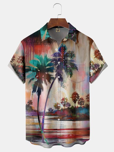 

Art Painting Coconut Tree Chest Pocket Short Sleeve Hawaiian Shirt, Khaki, Men Shirts