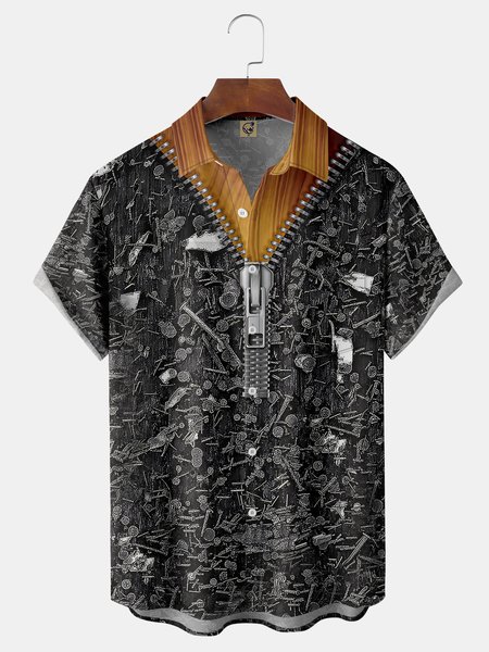 

Zipper Chest Pocket Short Sleeve Casual Shirt, Black, Men Shirts