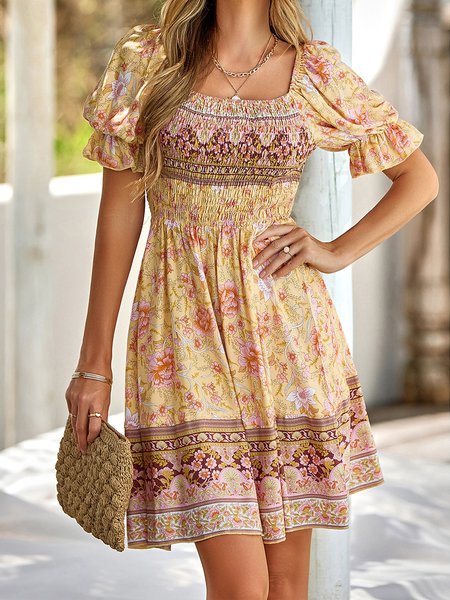 

Square Neck Ethnic Ethnic Regular Fit Dress, Yellow, Dresses