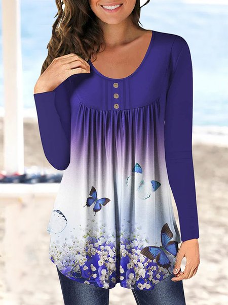 

Butterfly Casual Ruched Loose Top, Blue, Tops