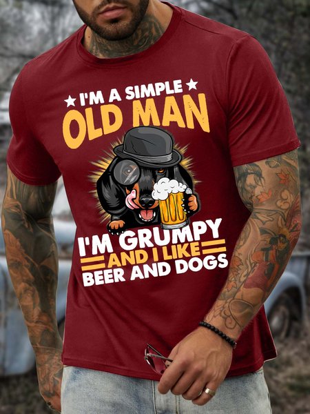 

Men’s I’m A Simple Old Man I’m Grumpy And I Like Beer And Dogs Casual Crew Neck Cotton T-Shirt, Red, T-shirts