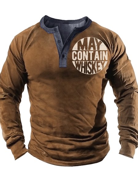 

Men's My Contain Whiskey Funny Graphic Print Text Letters Half Turtleneck Casual Regular Fit Top, Khaki, Long Sleeves