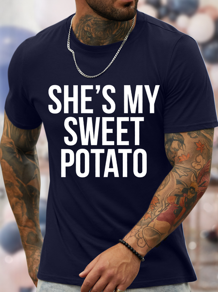 

Men's She Is My Sweet Potato Funny But I Do Graphic Print Valentine's Day Gift Couples Text Letters Loose Casual Crew Neck T-Shirt, Purplish blue, T-shirts