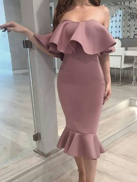

Boat Neck Elegant Regular Fit Dress & Party Dress, Pink, Midi Dresses
