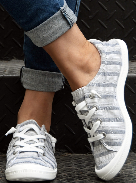 

Striped Graphic-Print Denim Lace-Up Canvas Flats, Gray, Sneakers