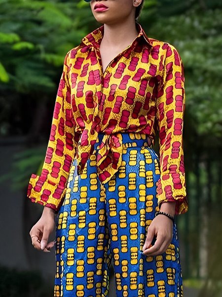 

Urban Abstract Graphic Shirt Collar Loose Blouse, Yellow, Blouses and Shirts