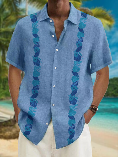 

Leaves Chest Pocket Short Sleeve Bowling Shirt, Blue, Men Shirts