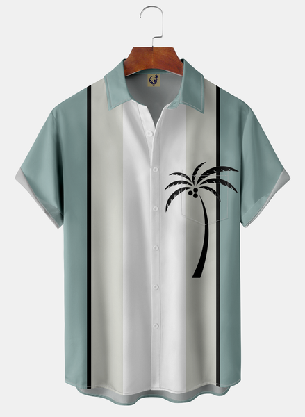 

Coconut Tree Chest Pocket Short Sleeve Bowling Shirt, Green, Men Shirts
