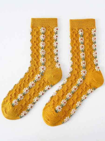 

Casual Colorful Floral Embroidered Ruffle Pattern Socks Daily Commuting Home Accessories, Yellow, Socks