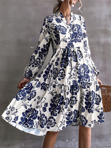 

Floral Loose Stand Collar Casual Dress, Blue, Dresses