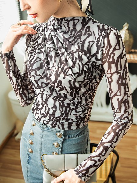 

Long sleeve Elegant Random Print Tight T-Shirt, Black-white, Tees