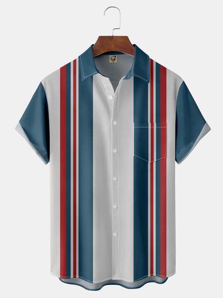 

Geometric Chest Pocket Short Sleeve Bowling Shirt, Blue, Men Shirts