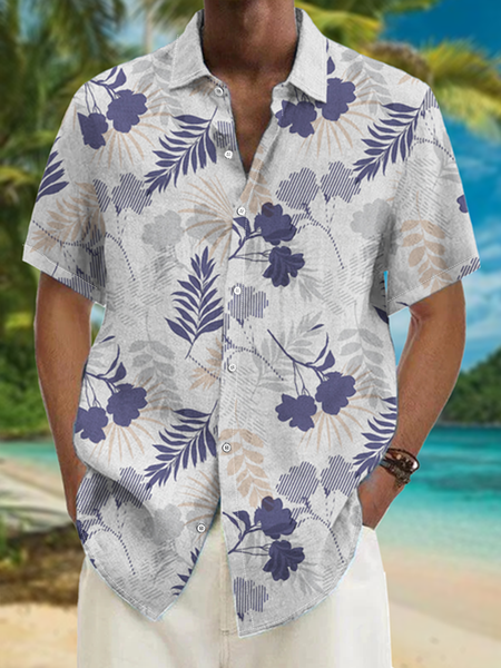 

Botanical Print Chest Pocket Short Sleeve Shirt, Gray, Men Shirts