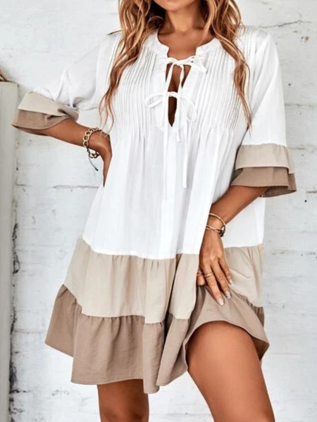 

V Neck Casual Regular Fit Plain Dress, White, Dresses