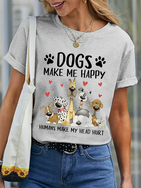 

Women's Funny Word Dog Make Me Happy Cotton Casual Dog T-Shirt, Gray, T-shirts