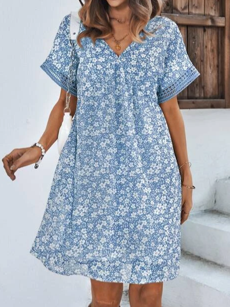 

Floral V Neck Casual Loose Dress, Blue, Dresses