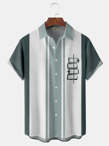 

Geometric Chest Pocket Short Sleeve Bowling Shirt, Green, Men Shirts