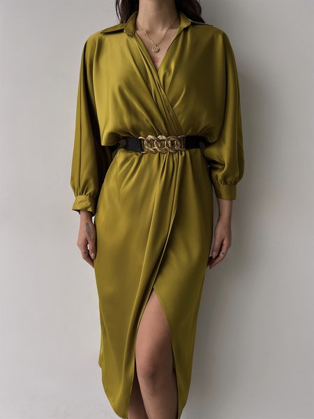 

Midi Long sleeve Plain Elegant Regular Fit Dress, Yellow, Midi Dresses
