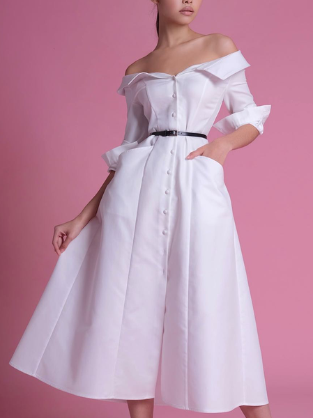 

Shawl Collar Elegant Dress, White, Midi Dresses