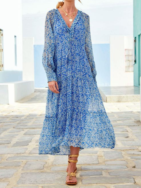 

Casual Chiffon V Neck Dress, Blue, Midi Dresses