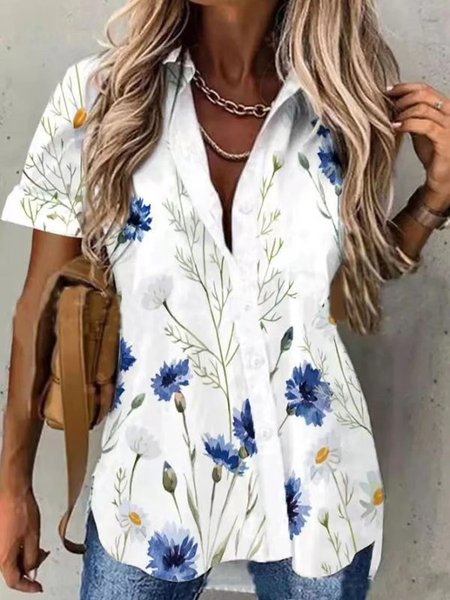 

Casual Floral Regular Fit V Neck Blouse, White, Tops