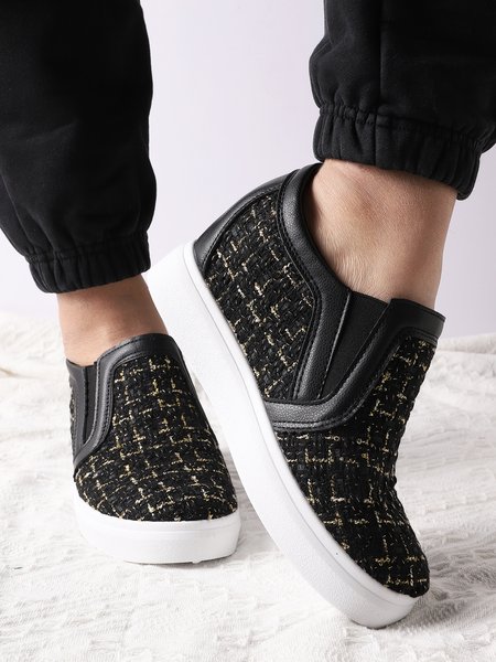 

Cloth Breathable Slip-On Casual Height Increasing Shoes, Black, Creepers & Wedges
