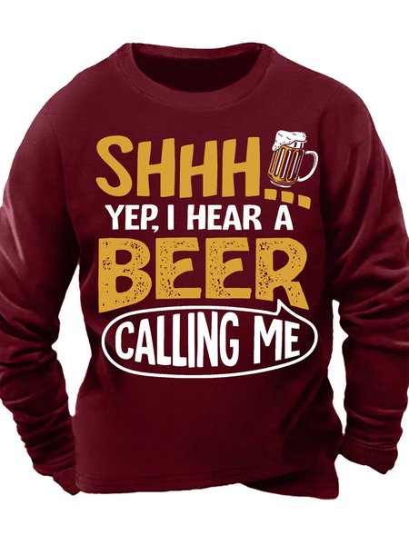 Mne’s Shhh Yep I Hear A Beer Calling Me Casual Text Letters Sweatshirt, Red, Hoodies&Sweatshirts
