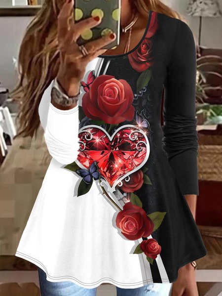 

Heart/Cordate Casual Regular Fit Crew Neck Top, Black, Shirts & Blouses